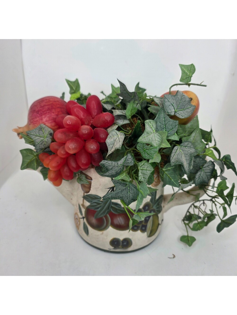 Vintage Faux Fruit Floral Arrangment in Ceramic Grape Pitcher Vase 10"